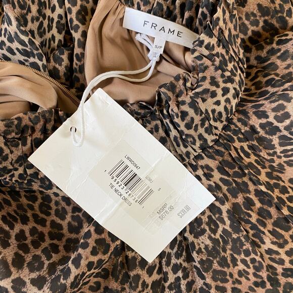 NWT Frame Tie Neck Silk Mini Dress Sz S Leopard Animal Print Long Cuff Sleeves - Picture 9 of 10